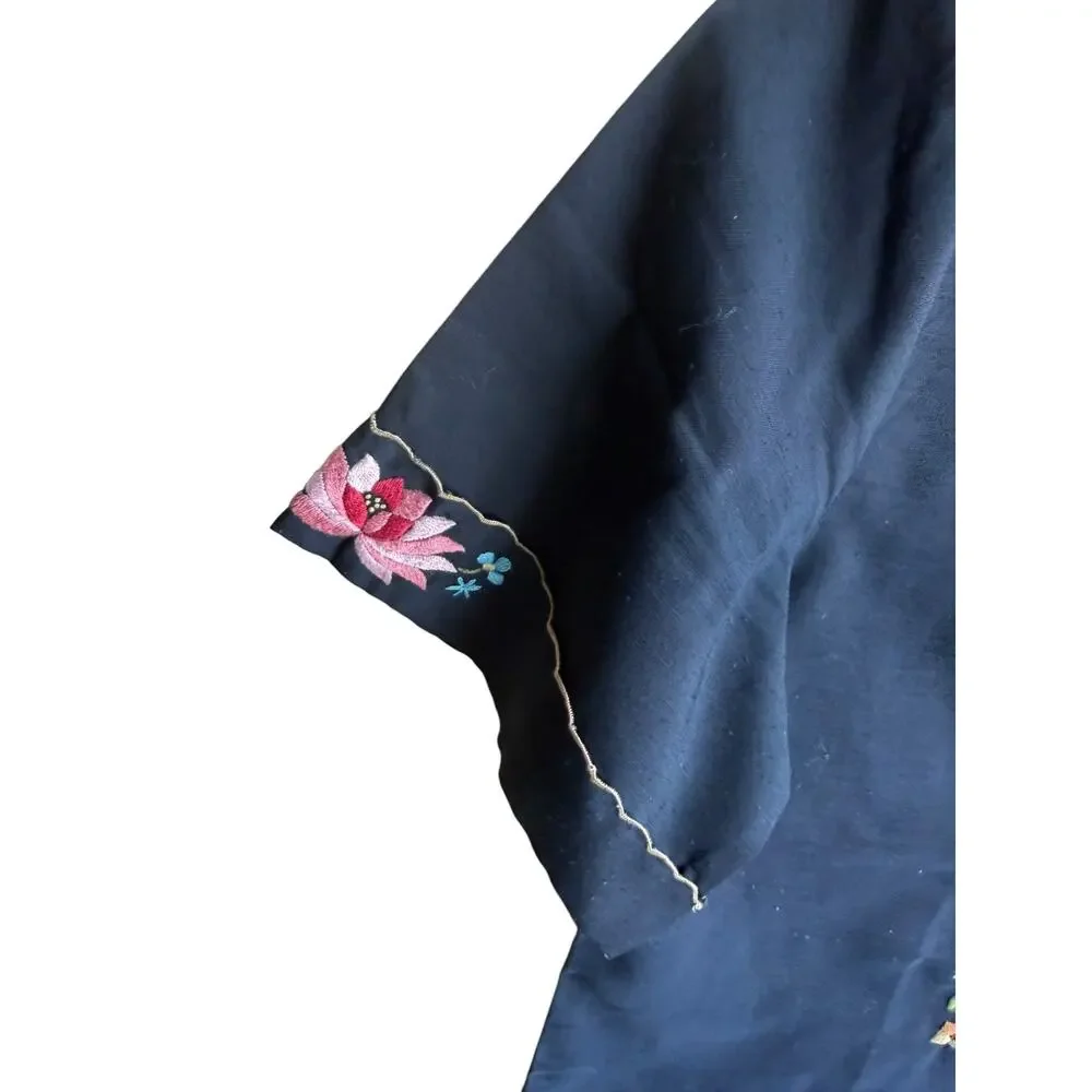 Lily Women's Vintage 60s Floral Embroidered Blouse Button Front Black Size 36 M